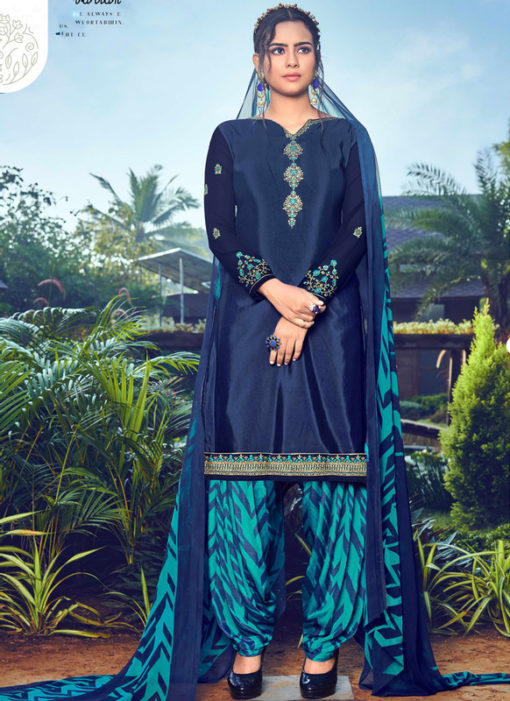 Alluring Blue Crepe Embroidered Work Designer Patiyala Suit