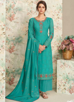 Sea Blue Georgette Embroidered Work Party Wear Salwar Suit