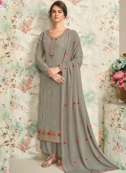 Grey Georgette Embroidered Work Party Wear Salwar Suit