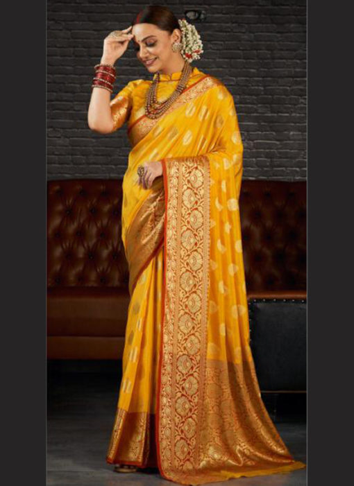 Yellow Silk Zari Weaving Wedding Wear Designer Saree