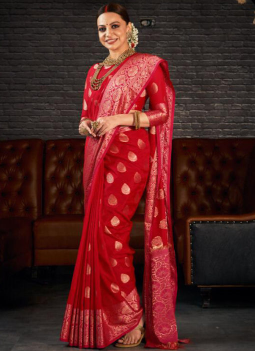 Red Silk Zari Weaving Wedding Wear Designer Saree