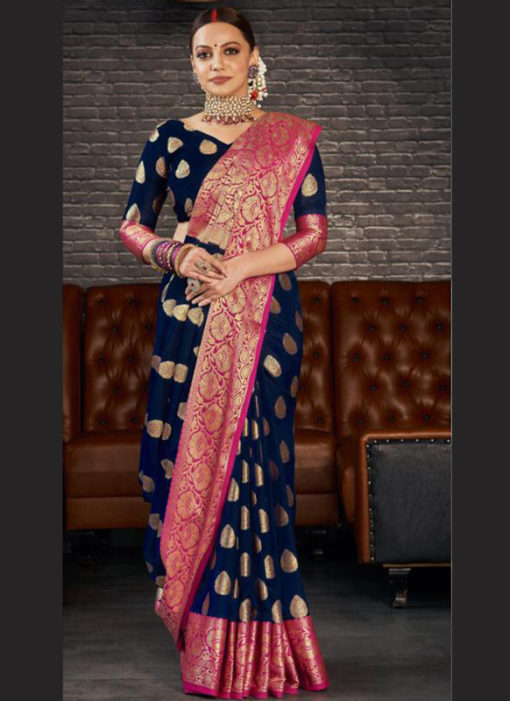 Navy Blue Silk Zari Weaving Wedding Wear Designer Saree