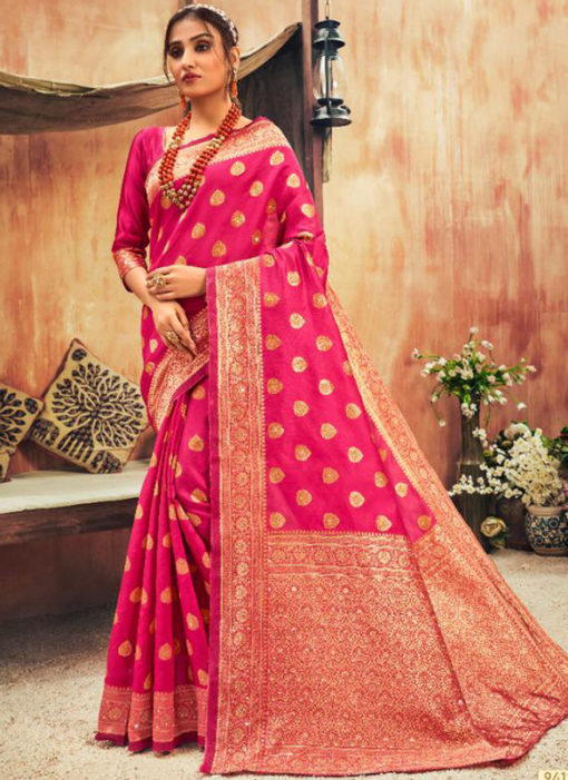 Attractive Pink Silk Zari Weaving Traditional Designer Saree