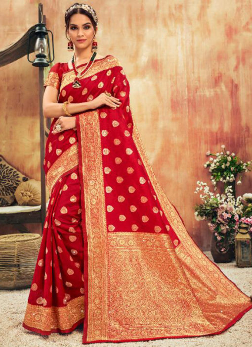 Lovley Red Silk Zari Weaving Traditional Designer Saree