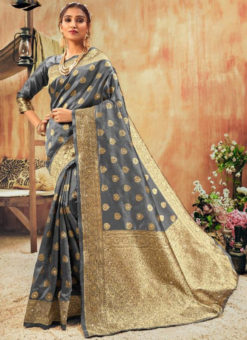 Wonderful Grey Silk Zari Weaving Traditional Designer Saree
