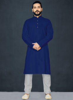 Navy Blue Poly Cotton Casual Wear Traditional Kurta Pajama