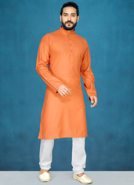 Orange Poly Cotton Casual Wear Traditional Kurta Pajama