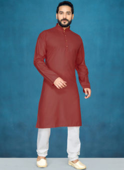 Maroon Poly Cotton Casual Wear Traditional Kurta Pajama