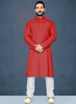 Red Poly Cotton Casual Wear Traditional Kurta Pajama