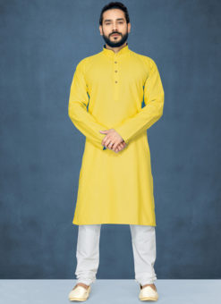 Yellow Poly Cotton Casual Wear Traditional Kurta Pajama
