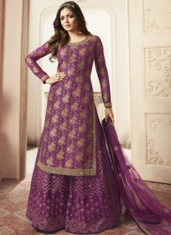 Partywear Designer Embroidery Purple Dola Jaquard Plazzo Suit
