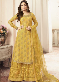 Partywear Designer Embroidery Musterd Dola Jaquard Plazzo Suit