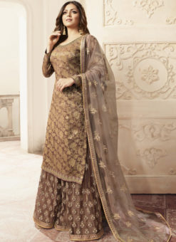Partywear Designer Embroidery Brown Dola Jaquard Plazzo Suit