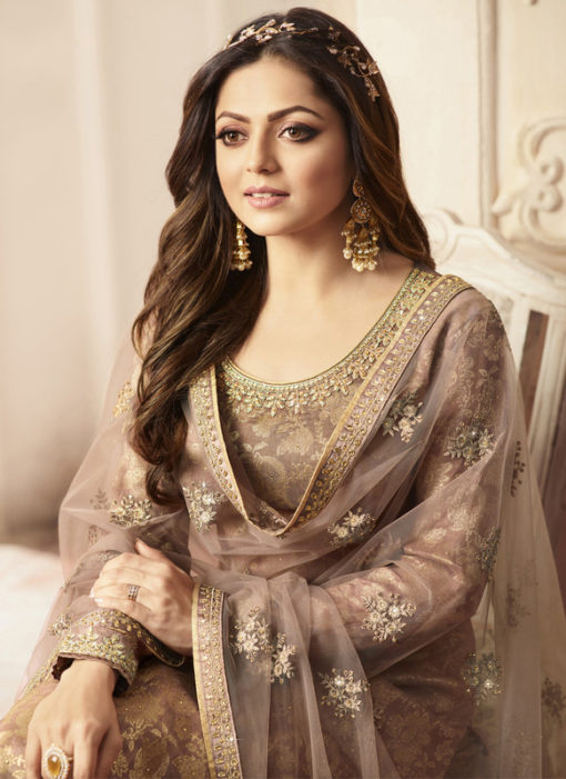 Partywear Designer Embroidery Brown Dola Jaquard Plazzo Suit
