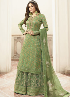 Partywear Designer Embroidery Light Green Dola Jaquard Plazzo Suit