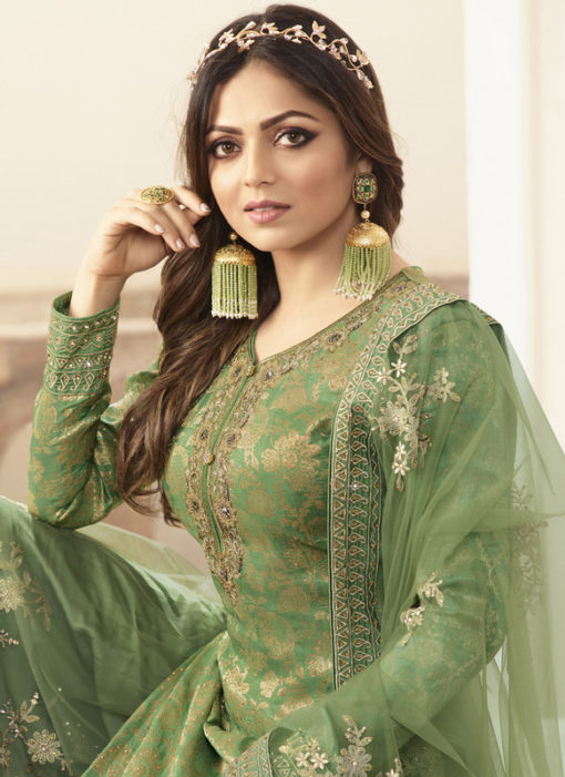 Partywear Designer Embroidery Light Green Dola Jaquard Plazzo Suit