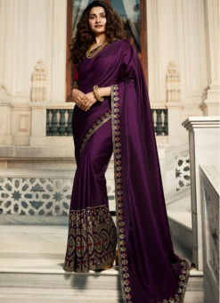 Lovely Purple Satin Lace Border Partywear Fancy Designer Saree