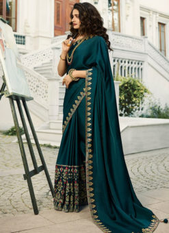 Classy Rama Green Satin Lace Border Partywear Fancy Designer Saree