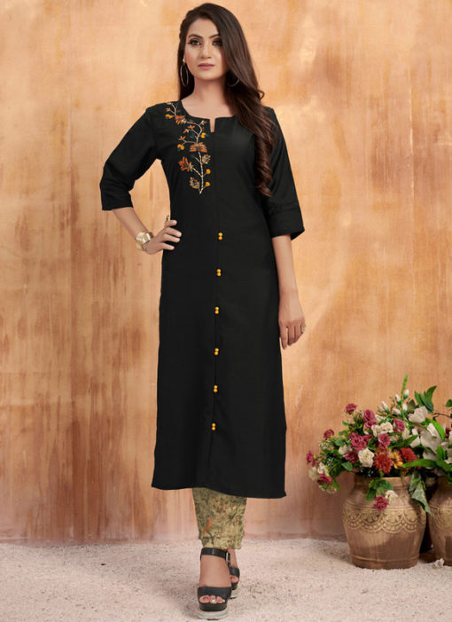 Amazing Black Maslin Cotton Embroidered Work Casual Wear Kurti With Bottom