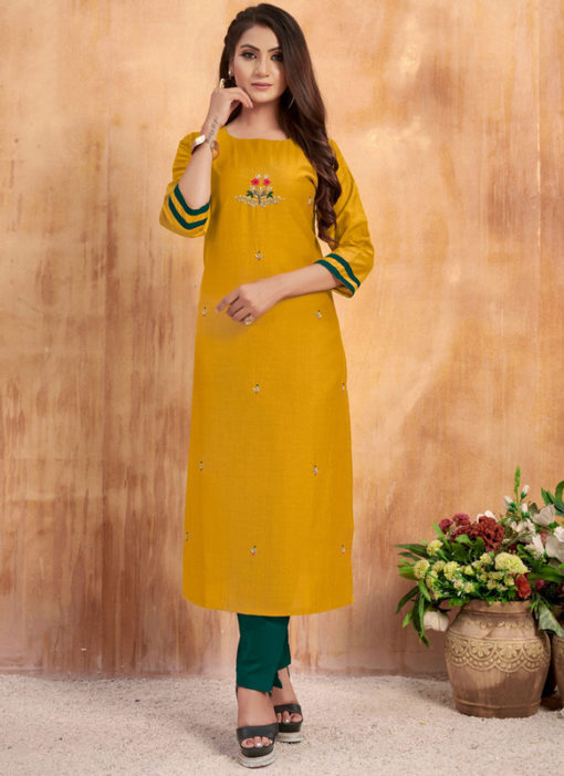 Charming Yellow Maslin Cotton Embroidered Work Casual Wear Kurti With Bottom