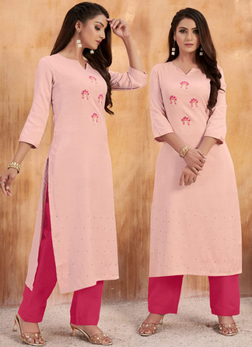 Elegant Pink Maslin Cotton Embroidered Work Casual Wear Kurti With Bottom