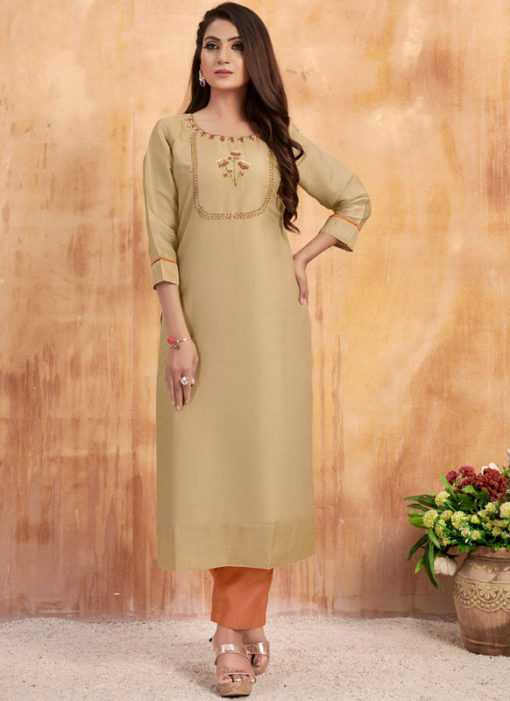 Lovely Beige Maslin Cotton Embroidered Work Casual Wear Kurti With Bottom
