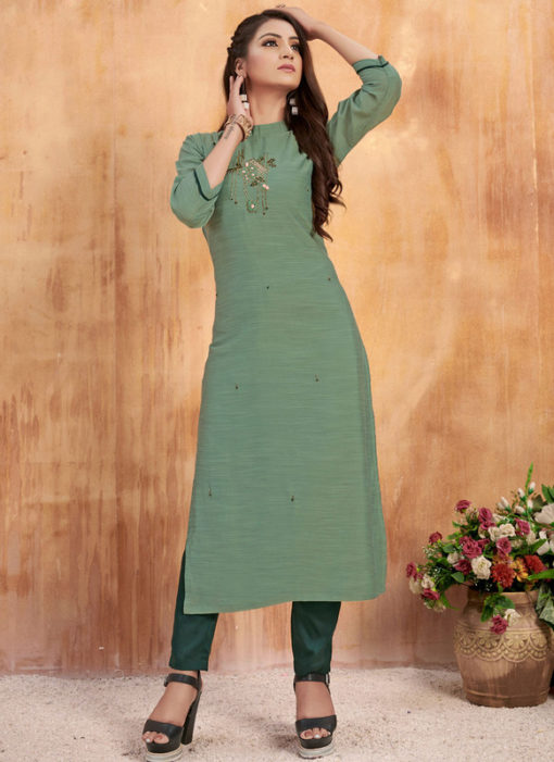 Graceful Green Maslin Cotton Embroidered Work Casual Wear Kurti With Bottom