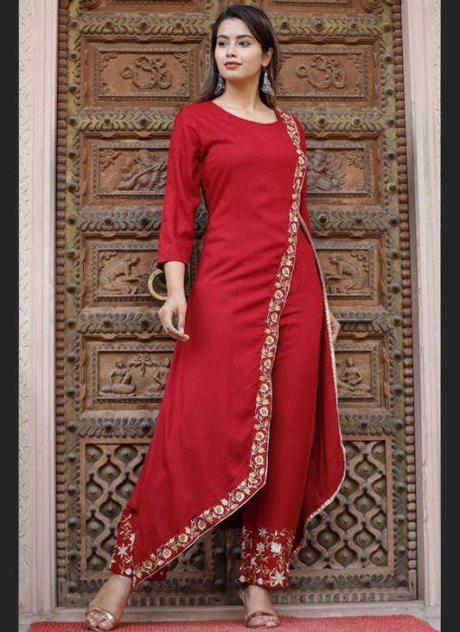 Lavish Red Rayon Embroidered Work Designer Kurti With Bottom