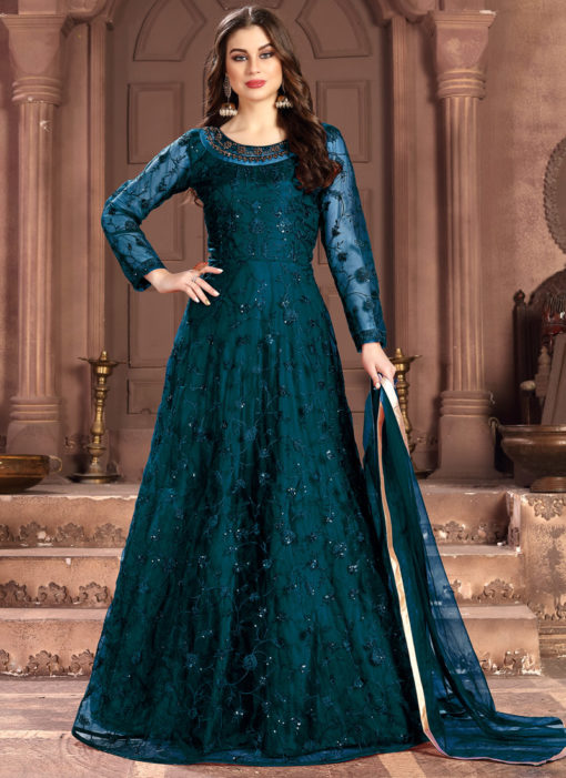 Teal Blue Net Evening Wear Gown Style Designer Anarkali Suit