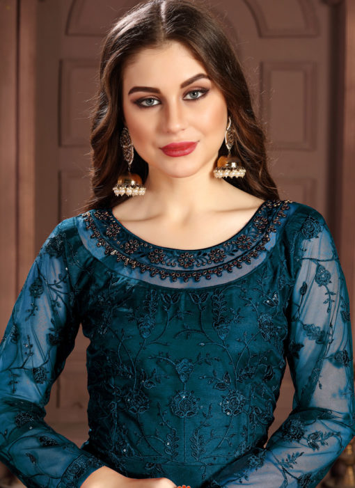 Teal Blue Net Evening Wear Gown Style Designer Anarkali Suit