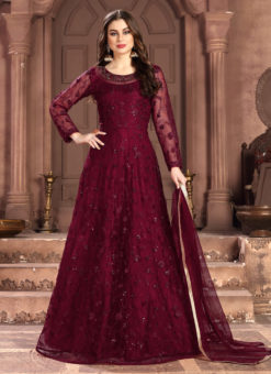 Wine Net Evening Wear Gown Style Designer Anarkali Suit