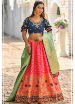 Kessi Peafowl Pink Banarasi Silk Resham Work Designer Lehenga Choli