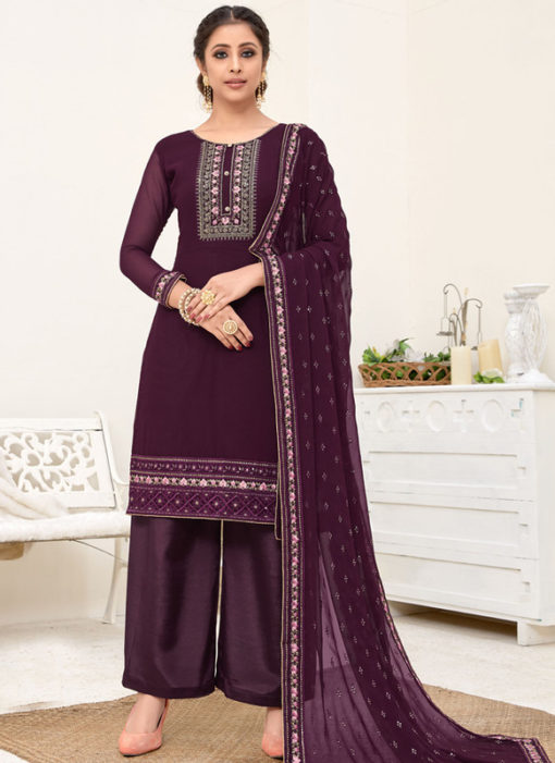Lovely Purple Georgette Embroidered Work Designer Salwar Suit