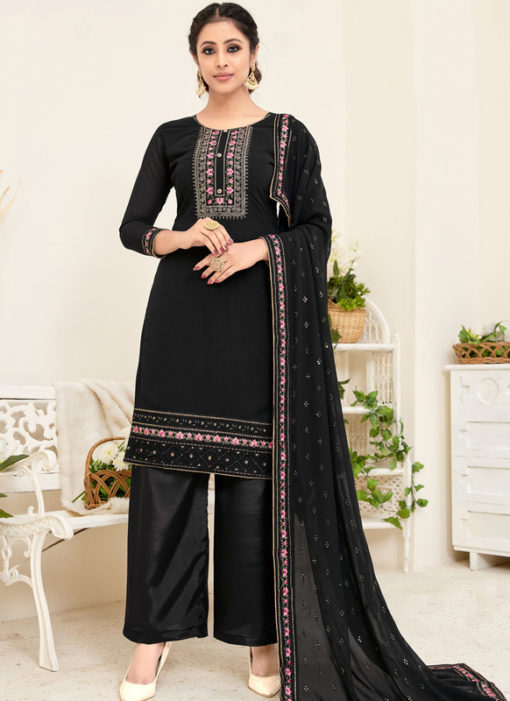 Attractive Black Georgette Embroidered Work Designer Salwar Suit