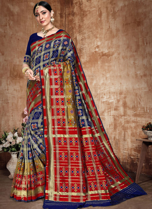 Amazing Blue And Red Banarasi Silk Zari Weaving Traditional Saree