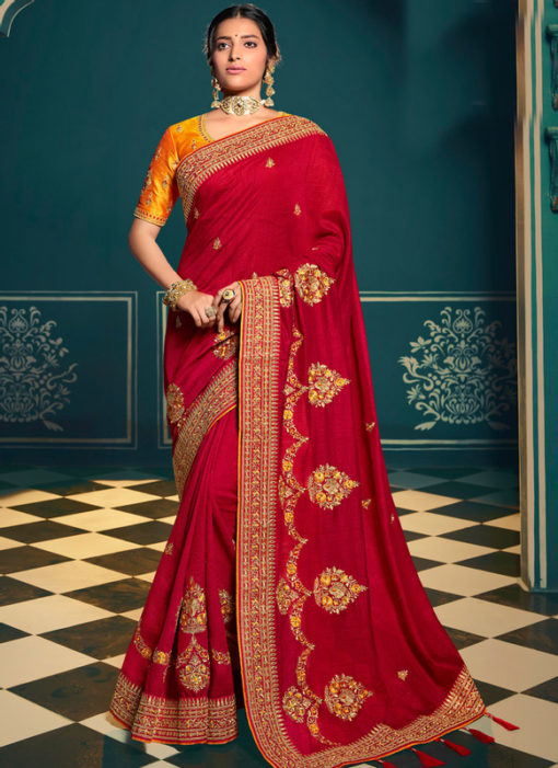Luxurious Red Silk Embroidered Work Designer Saree