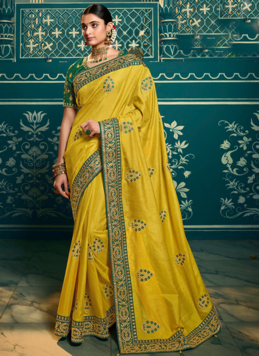 Deluxe Yellow Silk Embroidered Work Designer Saree