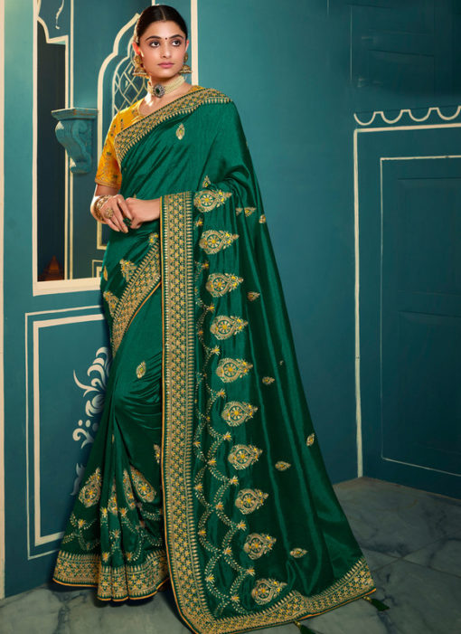 Graceful Green Silk Embroidered Work Designer Saree