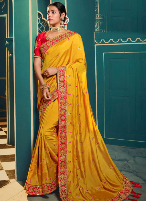 Exclusive Yellow Silk Embroidered Work Designer Saree