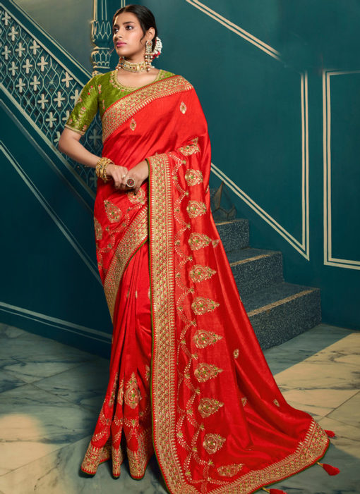 Lavish Red Silk Embroidered Work Designer Saree