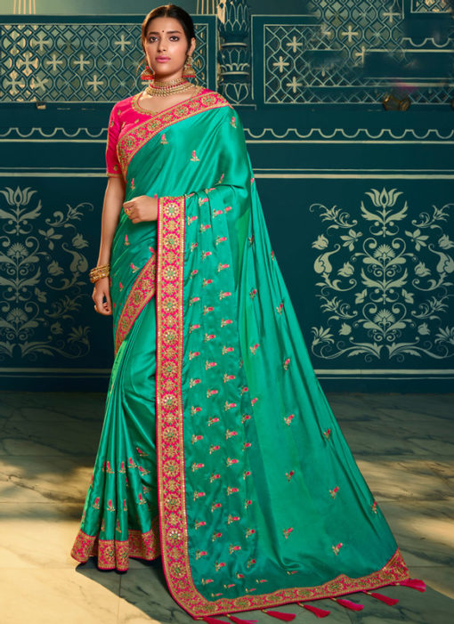 Fabulous Rama Green Silk Embroidered Work Designer Saree