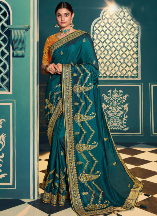 Beautiful Blue Silk Embroidered Work Designer Saree