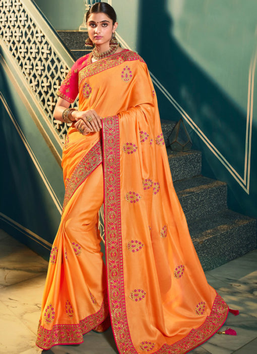 Opulent Orange Silk Embroidered Work Designer Saree