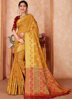 Lovely Mustred Silk Thread Weaving Traditional Saree
