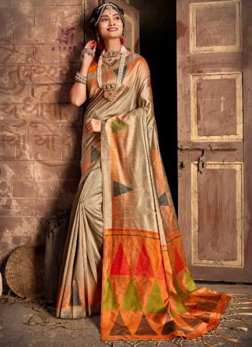 Cream Silk Thread Weaving Designer Traditional Saree