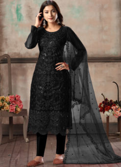 Black Net Embroidered Party Wear Straight Cut Churidar Suit