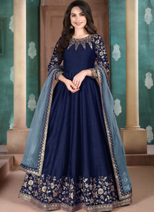 Blue Adda Silk Wedding Wear Designer Abaya Style Suit
