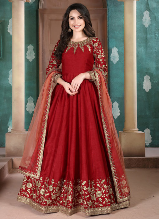 Red Adda Silk Wedding Wear Designer Abaya Style Suit