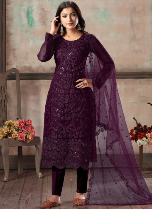 Purple Net Embroidered Party Wear Straight Cut Churidar Suit