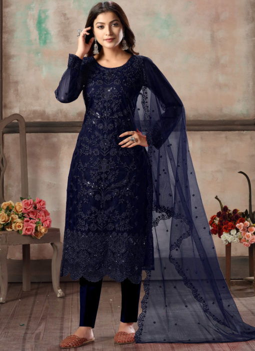 Blue Net Embroidered Party Wear Straight Cut Churidar Suit